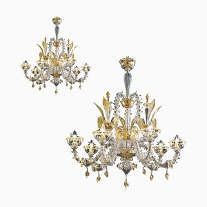 Transparent and Gold Murano Glass Chandeliers by Simoeng, Set of 2