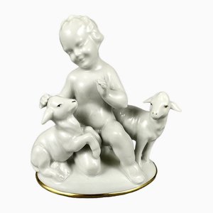 Vintage Porcelain Figurine of Cherub with Lambs from Gerold & Co. Tettau, Bavaria, Germany, 1960s
