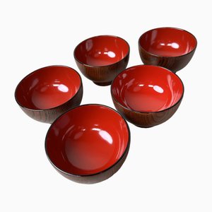 Lacquerware Rice Bowls from Aizu, Japan, 1950s, Set of 5