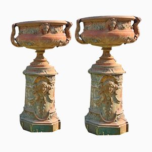 19th Century Cast Iron Chateau Vases, Set of 2