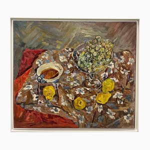 Maya Kopitzeva, Still Life with Grapes and Lemons, Oil Painting, 1974, encadré
