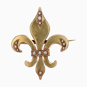 French Fine Pearl and 18 Karat Yellow Gold Lily Flower Brooch, 20th Century