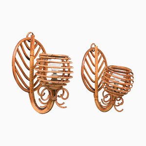 Rattan & Bamboo Sconces attributed to Louis Sognot, France, 1960s, Set of 2