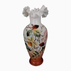 19th Century Napoleon III Opaline Vase with Floral Decoration Lace Collar