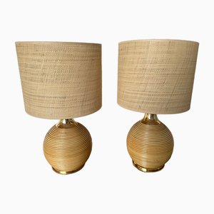 Italian Rattan and Brass Table Lamps, 1970s, Set of 2