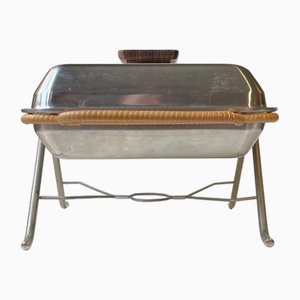 Mid-Century Dinner Cloche Tray in Stainless Steel and Rattan from Lundtofte Denmark, 1960s