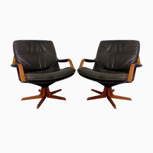 Fauteuils Pivotants en Teck et Cuir de Berg Furniture, Danemark, 1970s, Set de 2