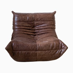 Fauteuil Togo en Cuir Marron Foncé par Michel Ducaroy pour Ligne Roset