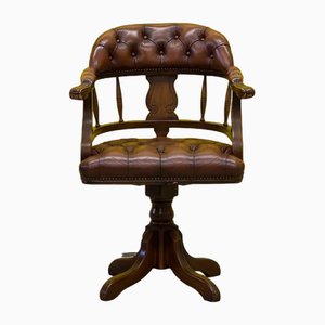 Silla de escritorio giratoria Chesterfield vintage de cuero marrón