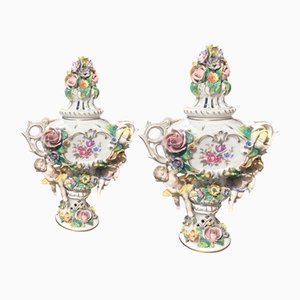 19th Century Capodimonte Polychrome Porcelain Incense Burners Vases with Flowers and Winged Cherubs, Set of 2