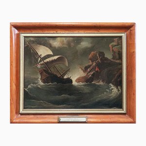 Sailing Ships in a Gale, 1700s, Oil on Cardboard, Framed
