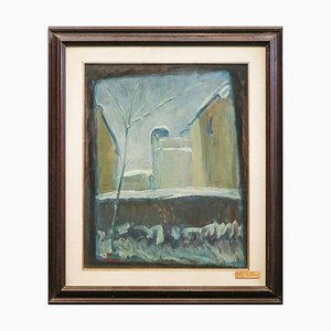 Luigi Arrigoni, The Snowfall from the Window of the Castle in the Evening, 1930s, Oil on Board, Framed