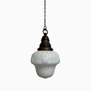 Vintage Edwardian Satin Church Opaline Milk White Glass Ceiling Pendant Lamp