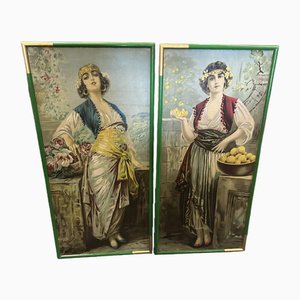 Figuras modernistas, década de 1890, pinturas al óleo sobre paneles, Juego de 2