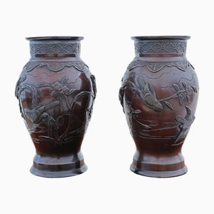 Large Antique Japanese Meiji Bronze Vases, 1890s, Set of 2