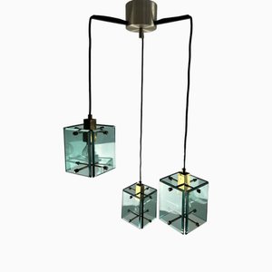 Lámpara de techo vintage de cristal de Murano y latón con tres luces al estilo de Fontana Arte, años 60