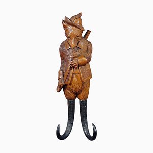 Black Forest Carved Fox Whip Holder or Wall Hook, 1890s