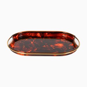 Oval Serving Tray in Faux Tortoiseshell Acrylic Glass & Brass attributed to Guzzini, Italy, 1970s