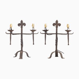 French Forged Iron Candlestick Table Lamps, 19th Century, Set of 2