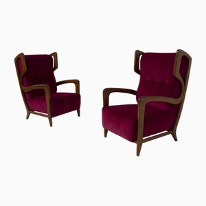 Italian Sculptural Lounge Chairs in Burgundy Velvet by Orlando Orlandi, 1950, Set of 2