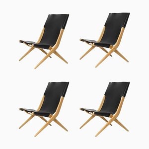 Natural Oiled Oak and Black Leather Saxe Chairs by Lassen, Set of 4