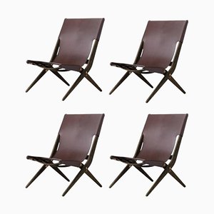 Brown Stained Oak and Brown Leather Saxe Chairs by Lassen, Set of 4