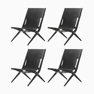 Black Stained Oak and Black Leather Saxe Chairs by Lassen, Set of 4