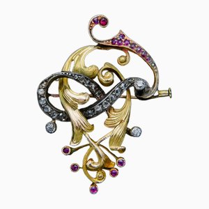 Art Nouveau Gold Brooch with Diamonds and Rubies, 1920s