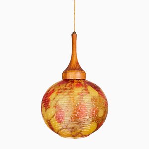 Mid-Century Portuguese Hanging Globe Lamp in Amber Spatter Glass, 1960s