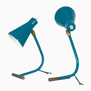 Mid-Century Italian Teal Green and Brass Table Lamps attributed to Stilnovo, 1950, Set of 2