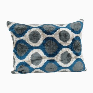 Uzbek Ikat Velvet Lumbar Cushion Cover in Blue Silk