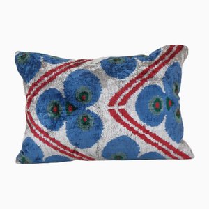 Uzbek Ikat Velvet Lumbar Cushion Cover in Blue Silk