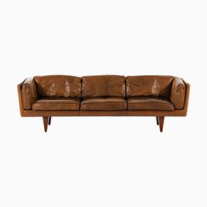 Sofa in Rosewood and Brown Leather attributed to Illum Wikkelsø, 1960s