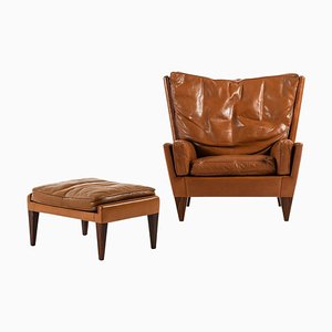 Set of Lounge Chair and Stool in Rosewood and Brown Leather attributed to Illum Wikkelsø, 1960s