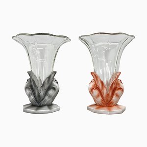 Art Deco Dove Birds Glass Vases by Josef Feigl, 1930s, Set of 2