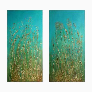 Carolyn Miller, Golden Grasses, Mixed Media Leinwand Diptychon, 2000er, 2er Set