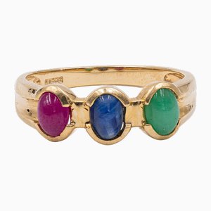 Vintage 14k Yellow Gold Ruby, Emerald, and Sapphire Cabochon Ring, 1970s