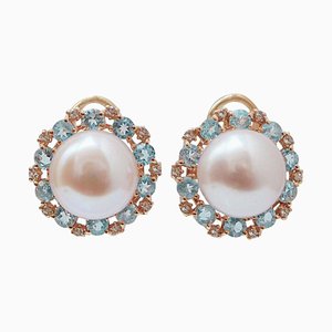 Purple Pearl, Aquamarine, Diamonds, 14 Karat Rose Gold Earrings, Set of 2