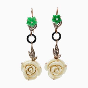 Orecchini pendenti in corallo, agata verde, onice, diamanti, perle, oro rosa e argento, set di 2