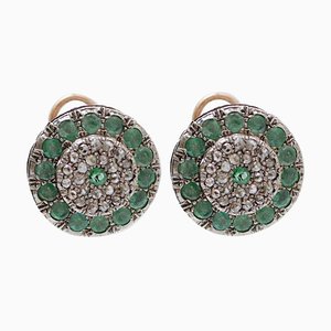 Emeralds, Diamonds, Rose Gold and Silver Earrings, 1960s, Set of 2