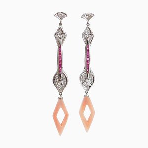 Orecchini pendenti in corallo rosa, rubini, diamanti e platino, set di 2