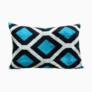 urquoise Blue & Beige Silk Velvet Geometric Cushion Cover