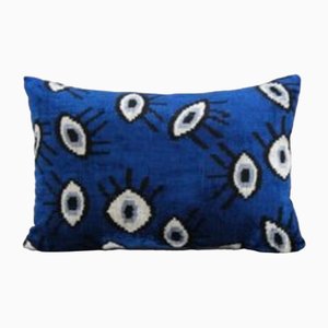 Ikat Eye Blue Silk Ethnic Velvet Lumbar Cushion Cover