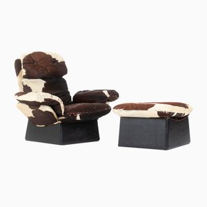 Armchair and Footstool in Cowhide, 1970, Set of 2