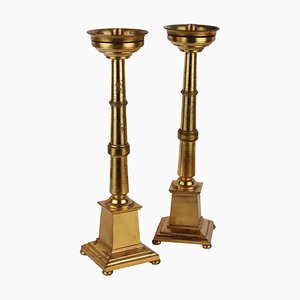Antique Candleholders with Square Base and Circular Feet in Gilded Bronze, Set of 2