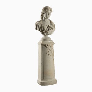 Art Nouveau Column Female Bust in White Marble