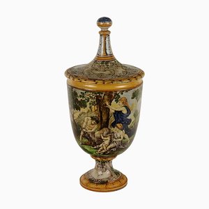 Vase with Lid in Majolica Ceramic, Italy, 19th-20th Century