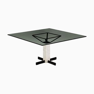 Square Marble and Metal Table with Glass Top, Italy, 1980s