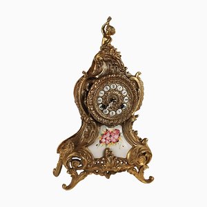 Countertop Clock in Gilded Bronze with Enameled Ceramic Angel, 1900s