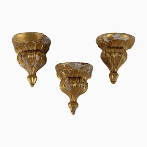 Estantes pequeños de madera tallada y dorada y mármol falso, década de 1800. Juego de 3